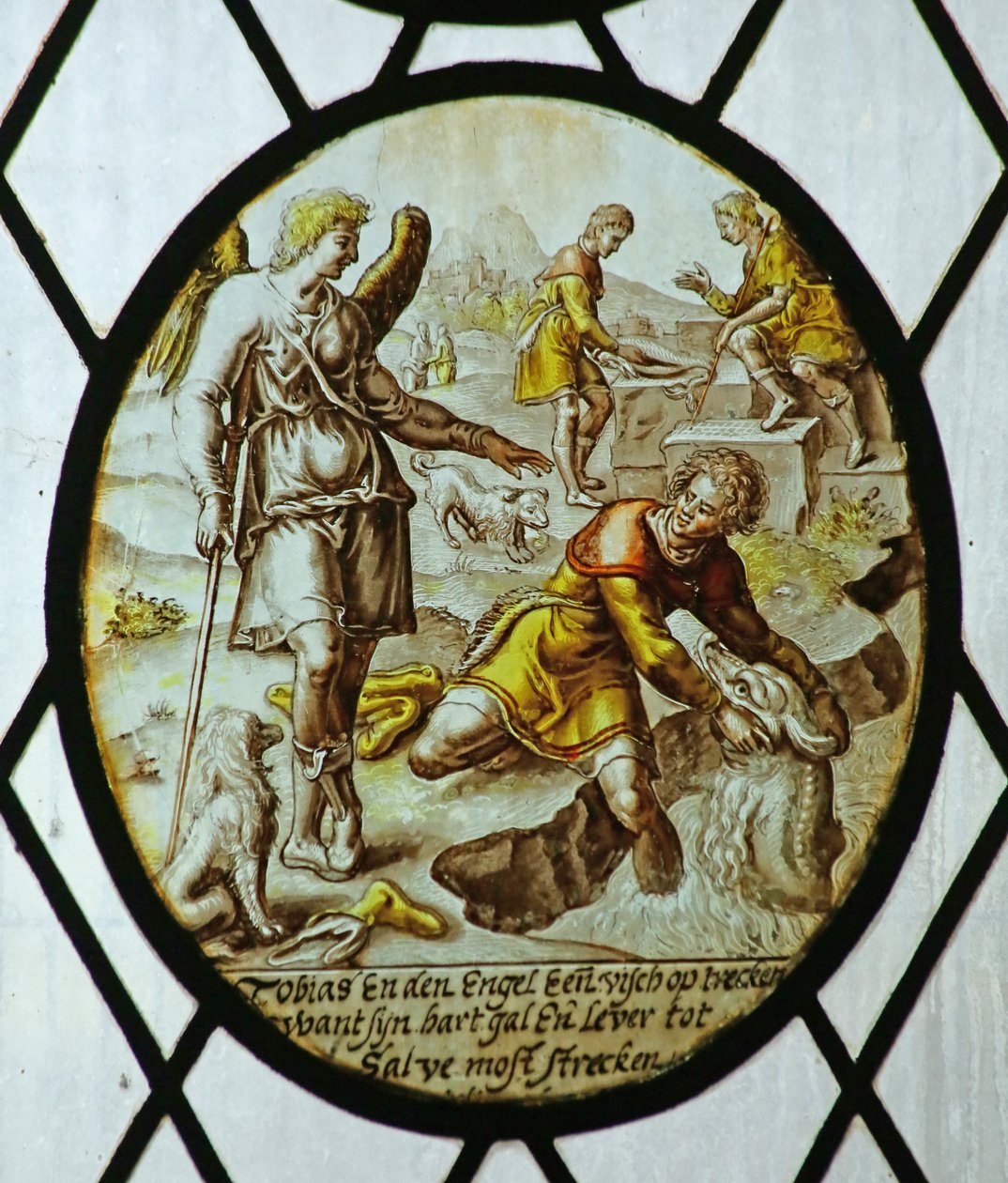 Roundel: Tobias saa kalan (lasimaalaus) tekijältä School Netherlandish