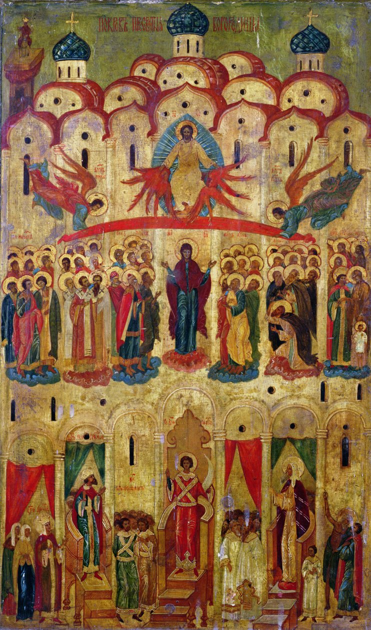 Pokrov-ikoni (tempera paneelille) tekijältä School Russian
