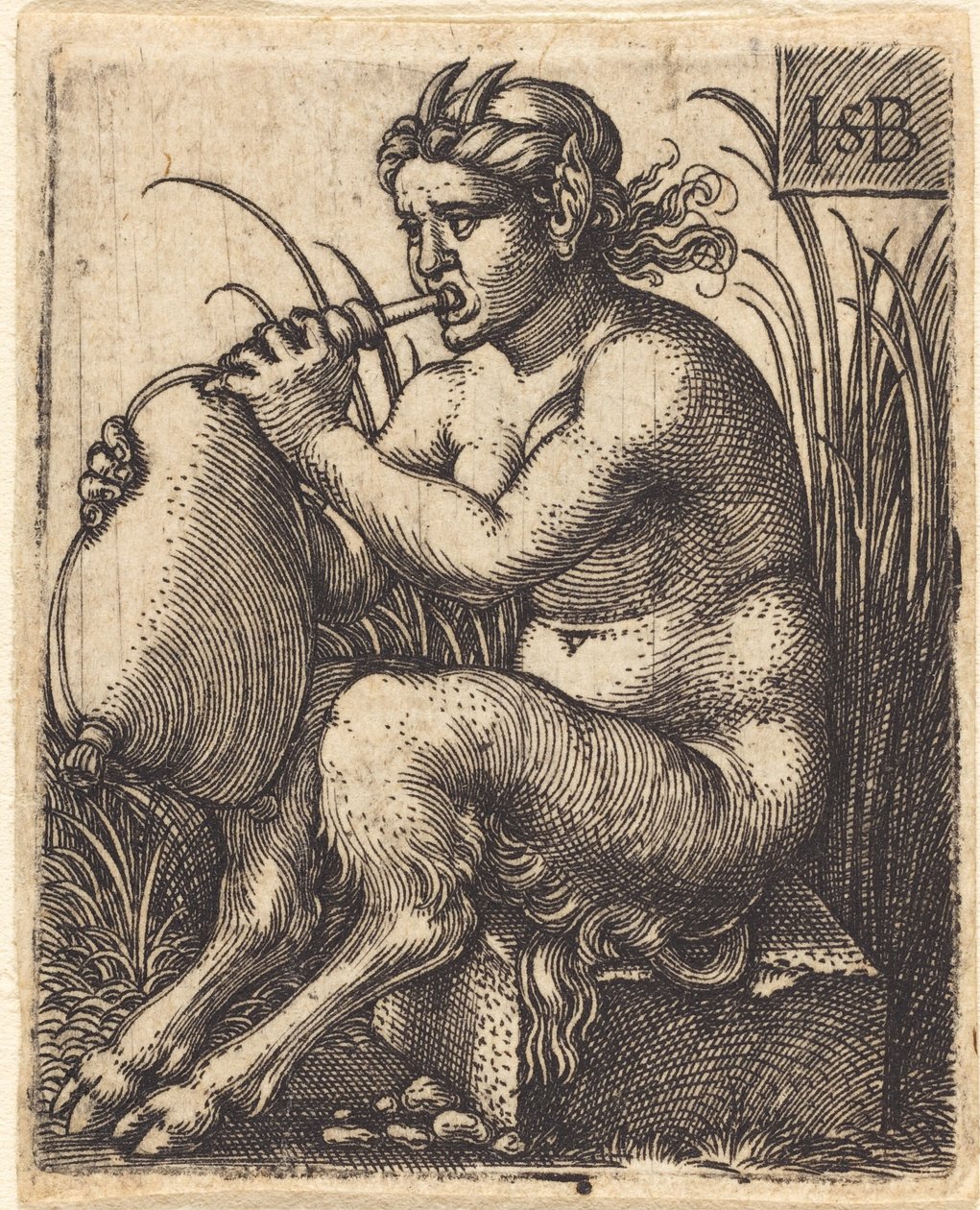 Satyr nainen soittaa säkkipilliä tekijältä Sebald Beham
