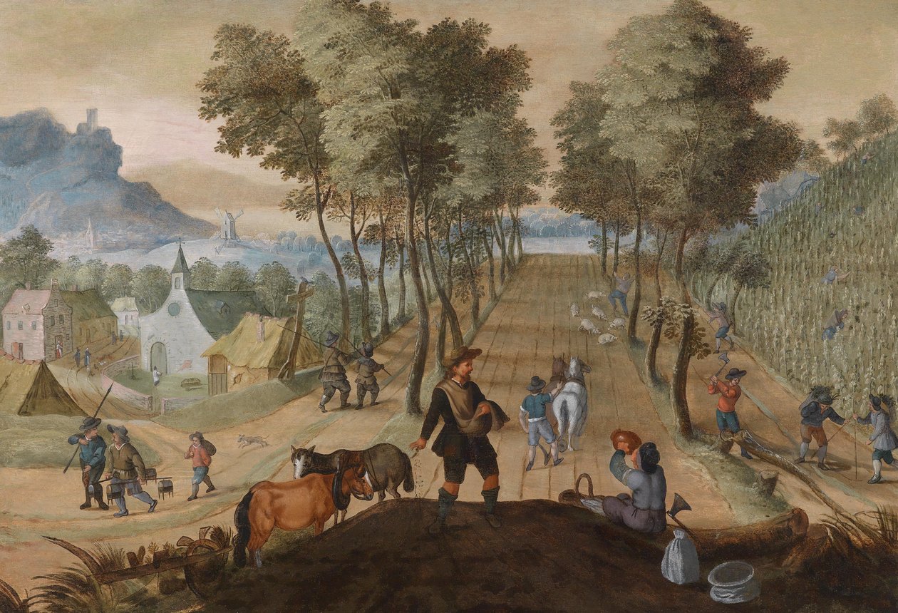 Baumbestandene Landschaft in der Nähe eines Dorfes mit Bauern bei der Feldarbeit tekijältä Sebastian Vrancx