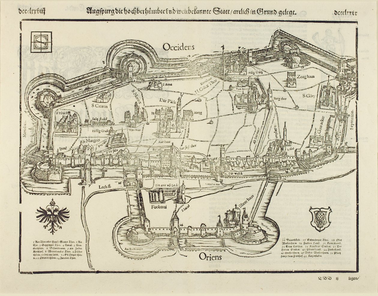Augsburgin suunnitelma, Cosmographia, 1544 (puupiirros paperille) tekijältä Sebastian Munster
