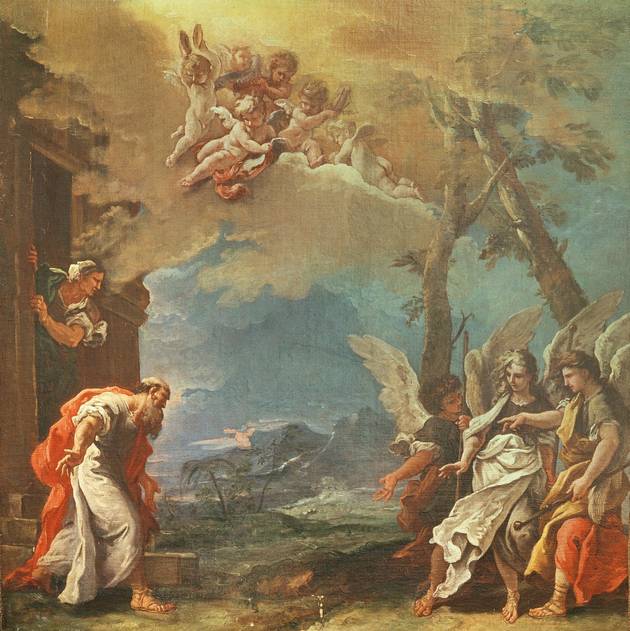 Abraham toivottaa enkelit tervetulleeksi, n. 1695 tekijältä Sebastiano Ricci