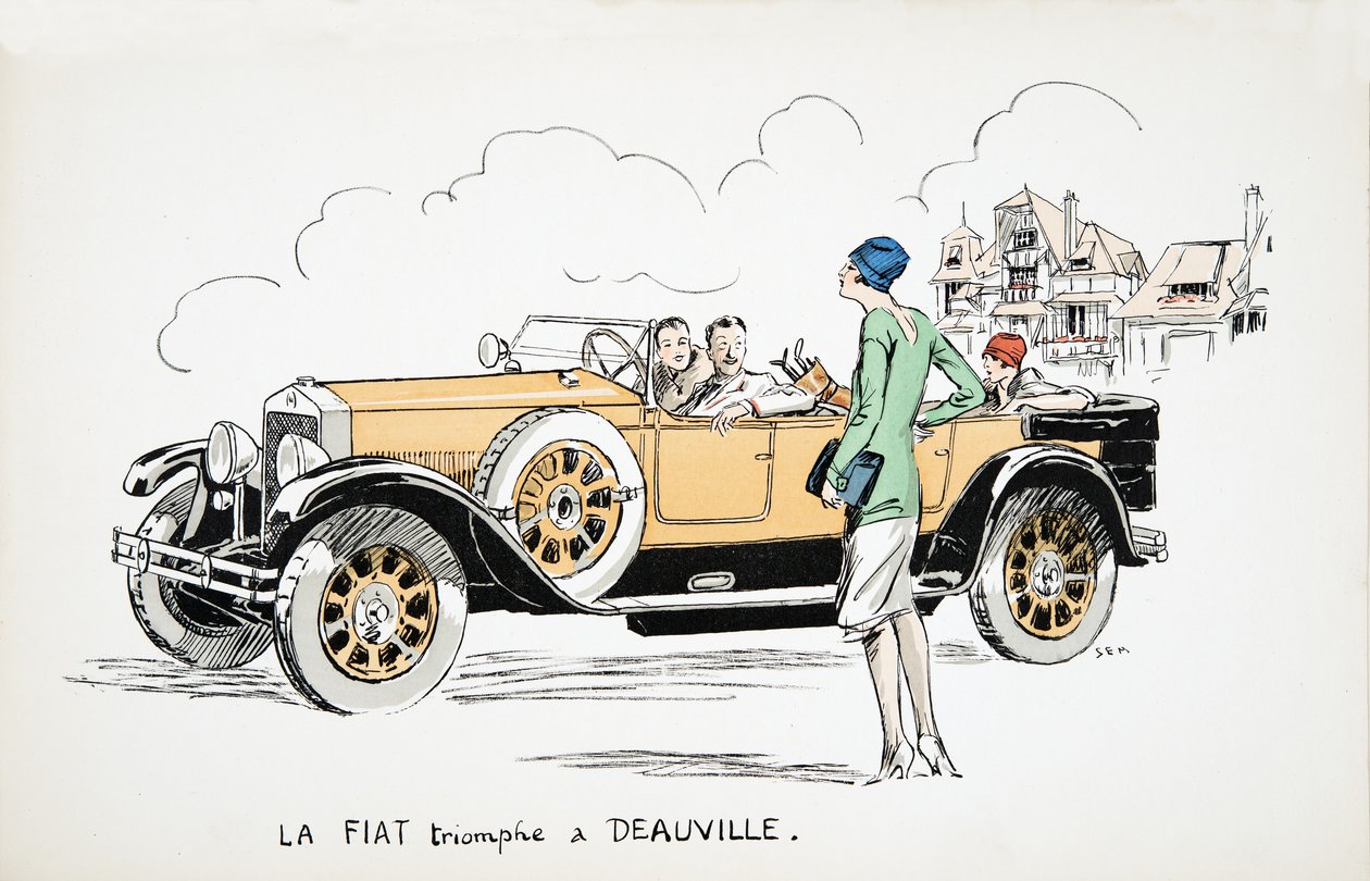 La Fiat triomphe a Deauville, White Bottoms, pub. 1927 (värikuvio) tekijältä Sem