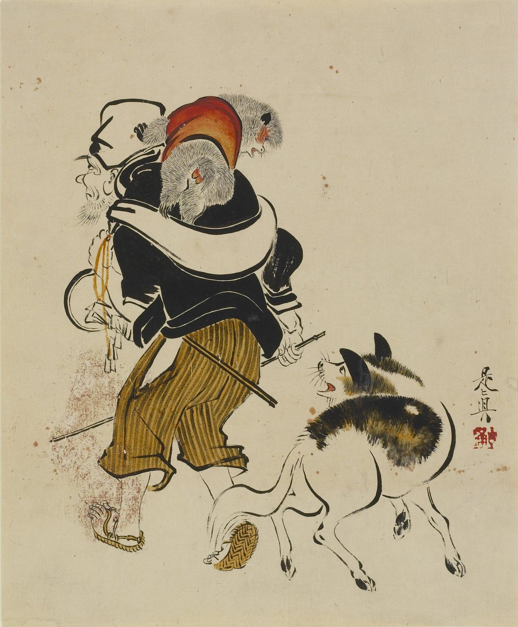 (Apinankouluttaja ja koira), 1800-luvun puoliväli ja loppupuoli. tekijältä Shibata Zeshin