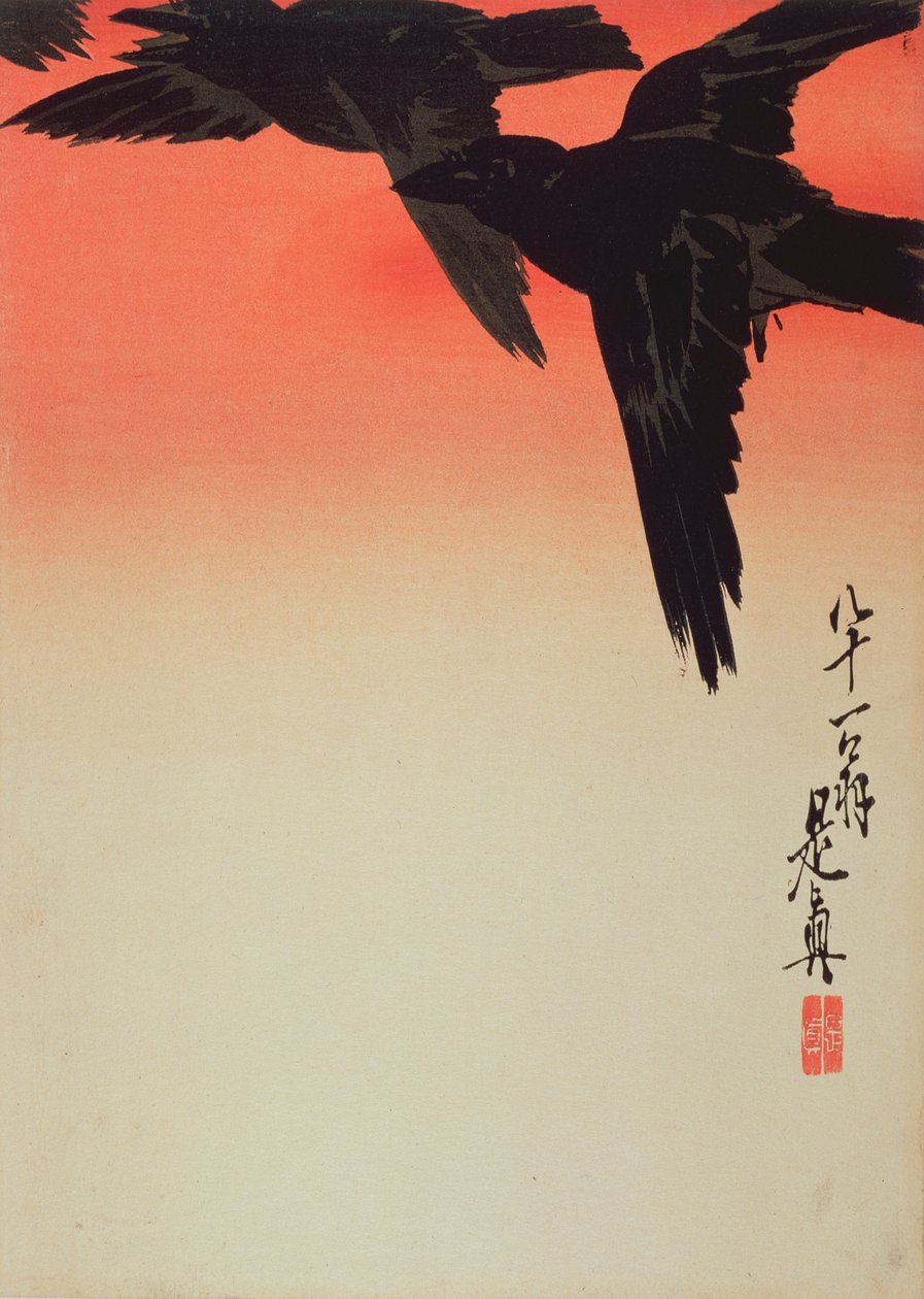 Crows in Flight at Sunrise, 1888 (värillinen puupainatus) tekijältä Shibata Zeshin
