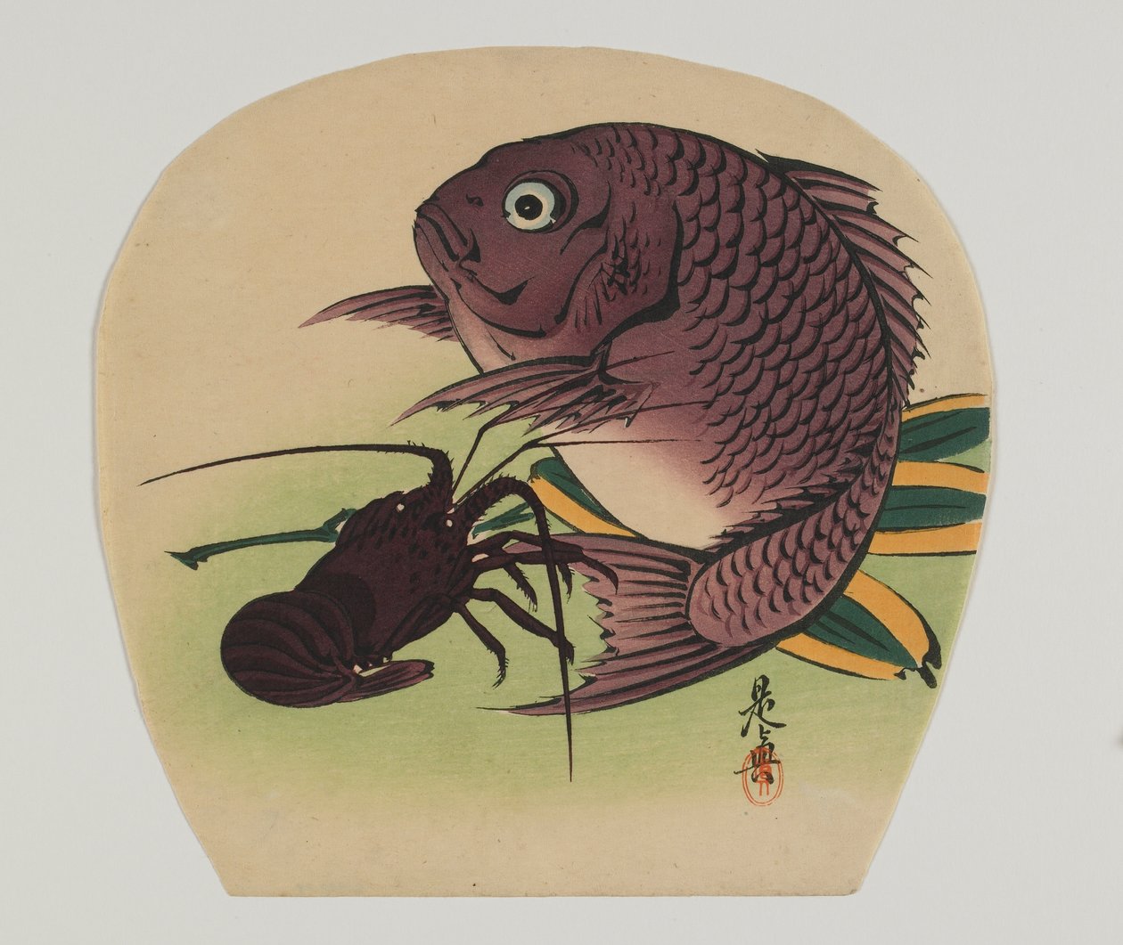 Tulosta uchiwalle; karppi ja hummeri, Meijin aikakausi, 1800-luvun loppu; tekijältä Shibata Zeshin