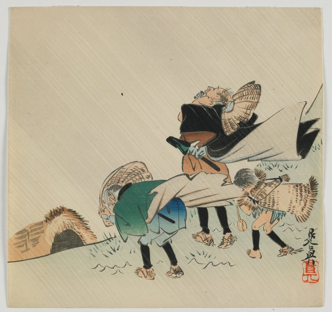 Kolme tuulen vangittua matkustajaa, Meijin aikakausi, 1800-luvun loppu (värillinen puupainatus) tekijältä Shibata Zeshin