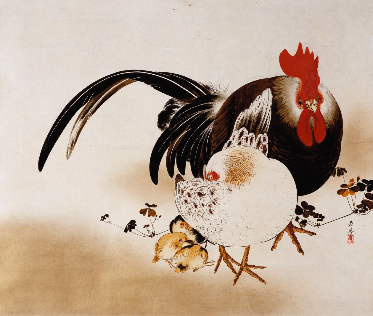 Kukko, kana ja poikaset, 1892 tekijältä Shibata Zeshin