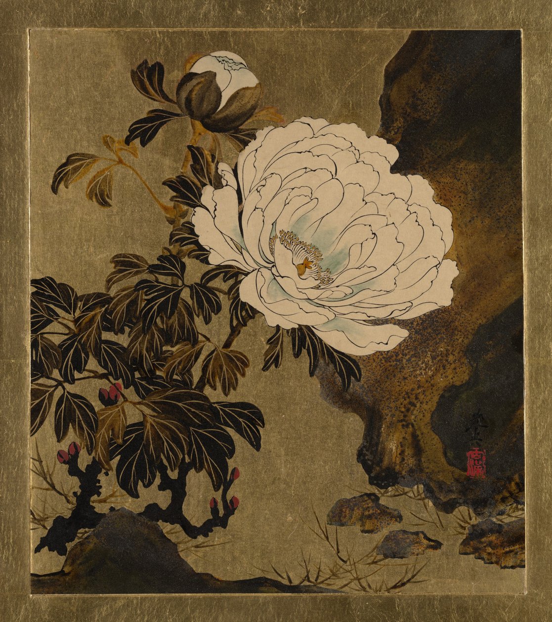 Lakkamaalauksia eri aiheista: Pionit, 1882. tekijältä Shibata Zeshin