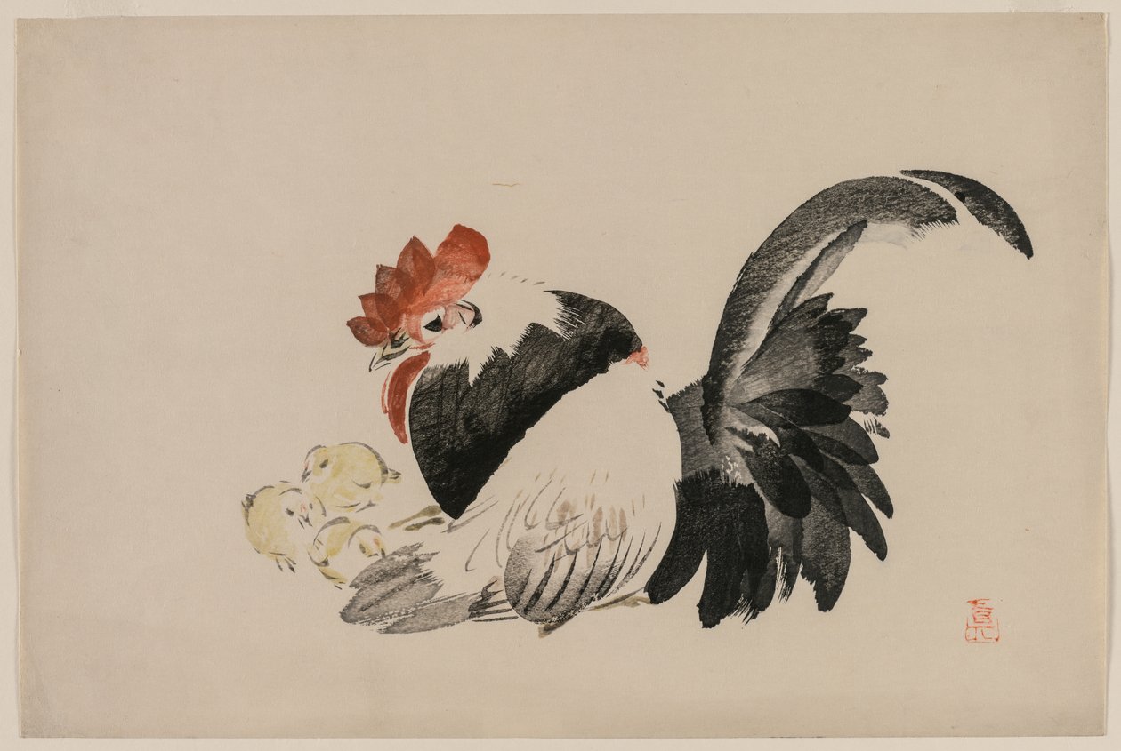 Kukko, kana ja poikaset, c. 1880-luku. tekijältä Shibata Zeshin