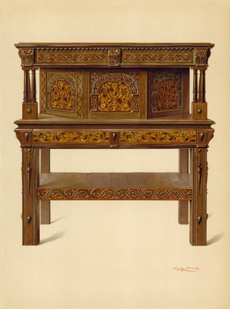 Oak Standing Buffet, Edward Quilterin omaisuus (chromolitho) tekijältä Shirley Charles Llewellyn Slocombe