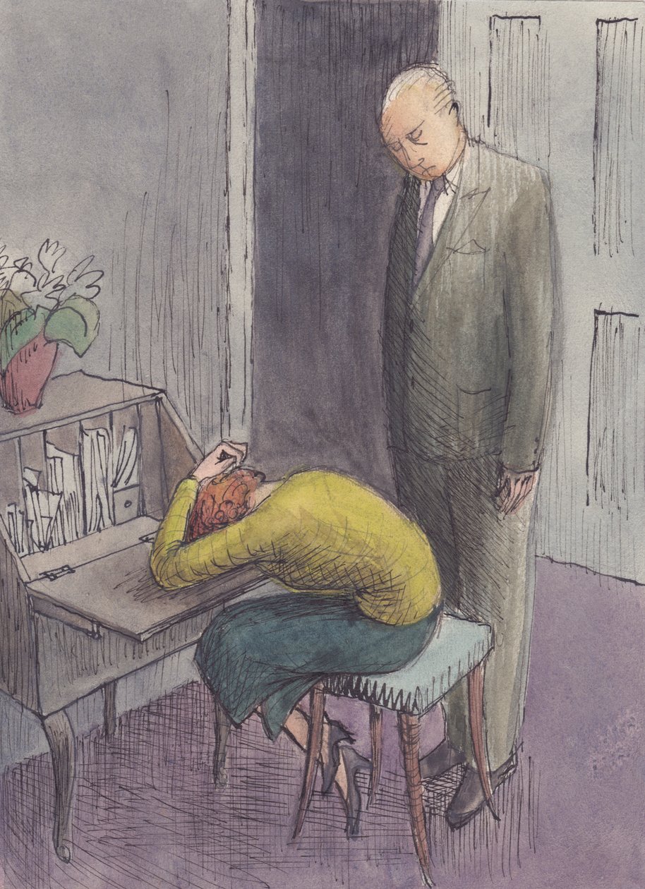 Mies seisoo kumartavan naisen päällä, 1952. tekijältä Shirley Markham