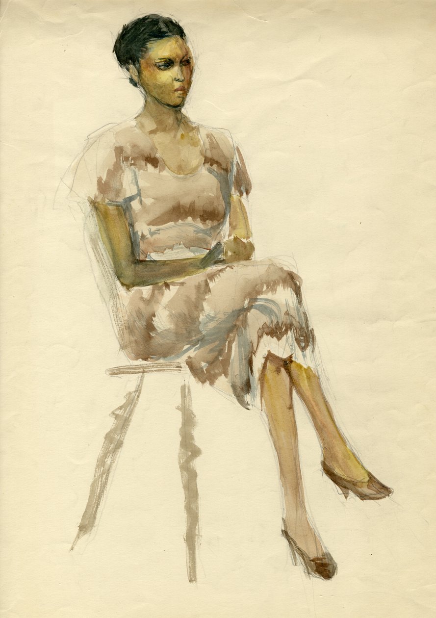 Istuva nainen ruskeassa mekossa, vuodelta 1952. tekijältä Shirley Markham