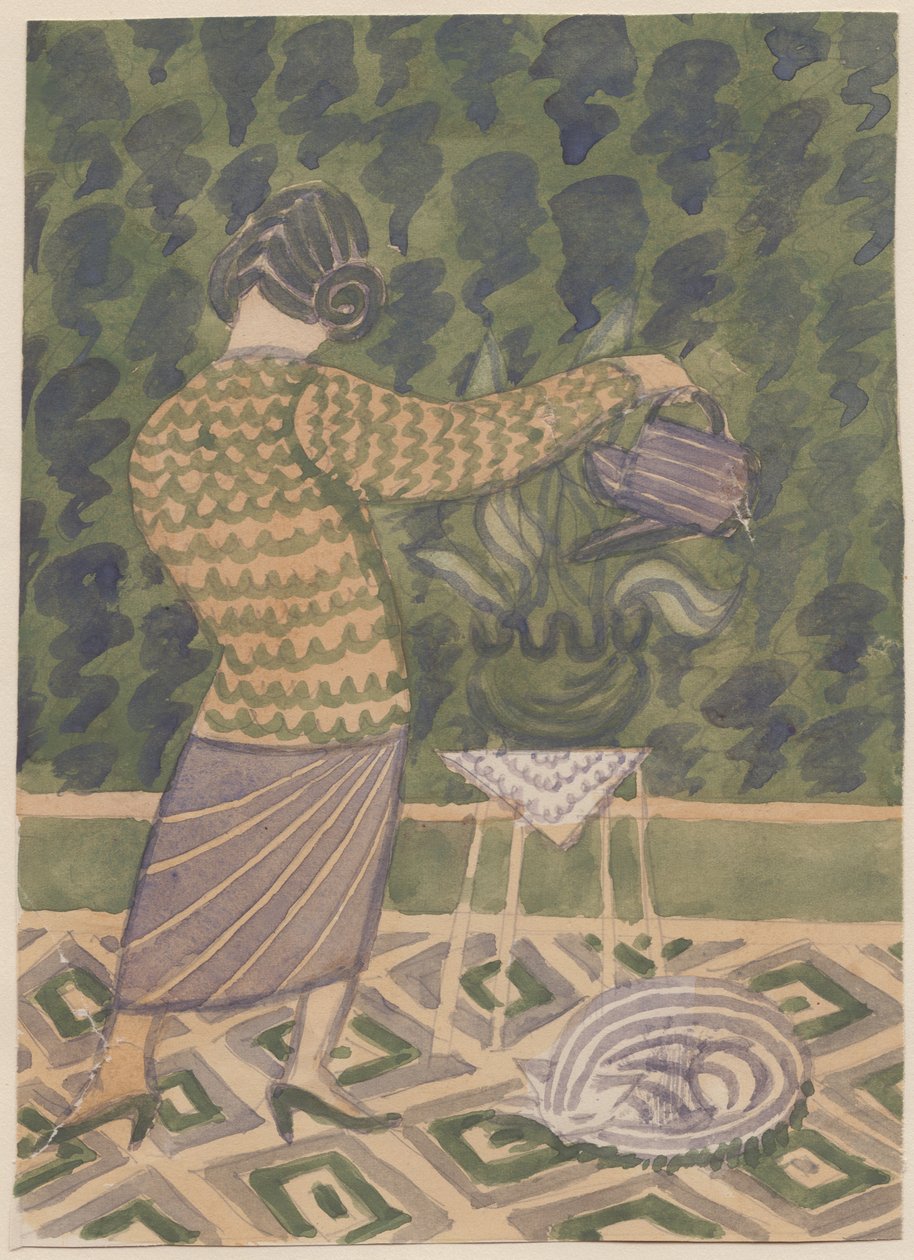 Nainen kastelee kasveja, c1951. tekijältä Shirley Markham
