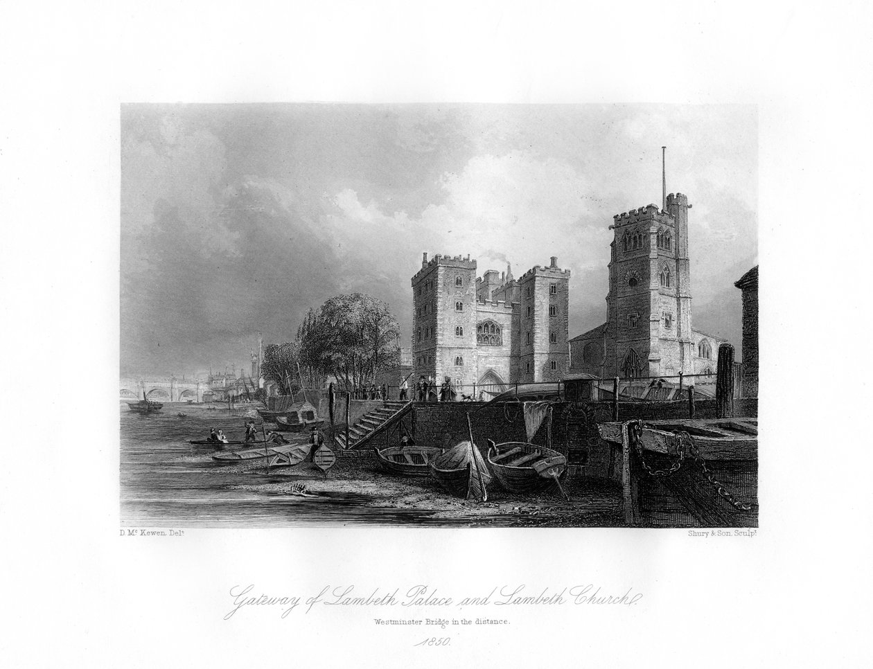 Lambethin palatsi ja kirkko, Lambeth, 1850 tekijältä Shury and Son