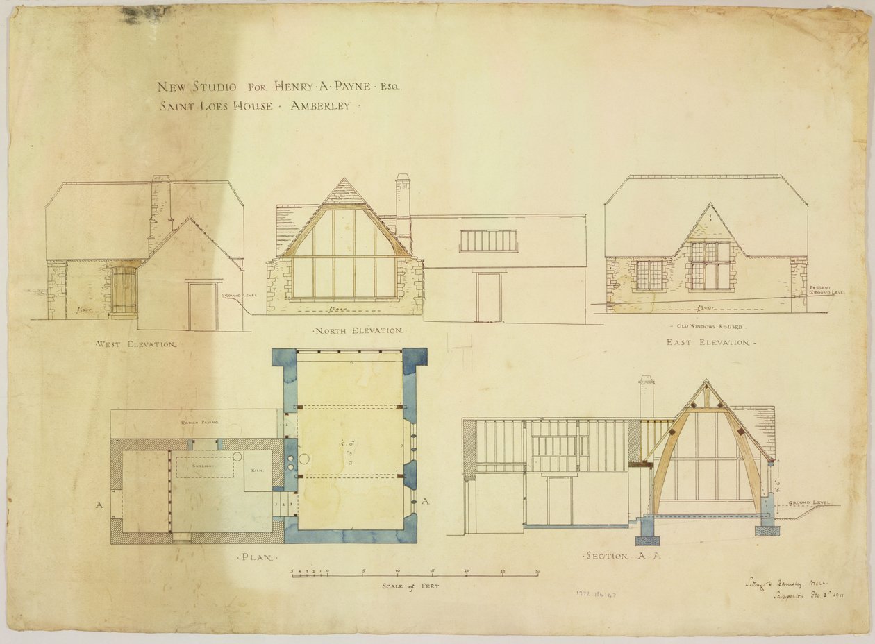 Uusi studio Henry A. Paynen esq. Saint Loes House, Amberley, 2. helmikuuta 1911 (wc paperilla) tekijältä Sidney Barnsley
