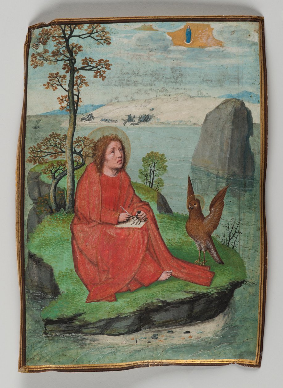 Pyhän Johanneksen kirjoitus Patmoksella, 1521 (tempera pergamentille) tekijältä Simon Bening