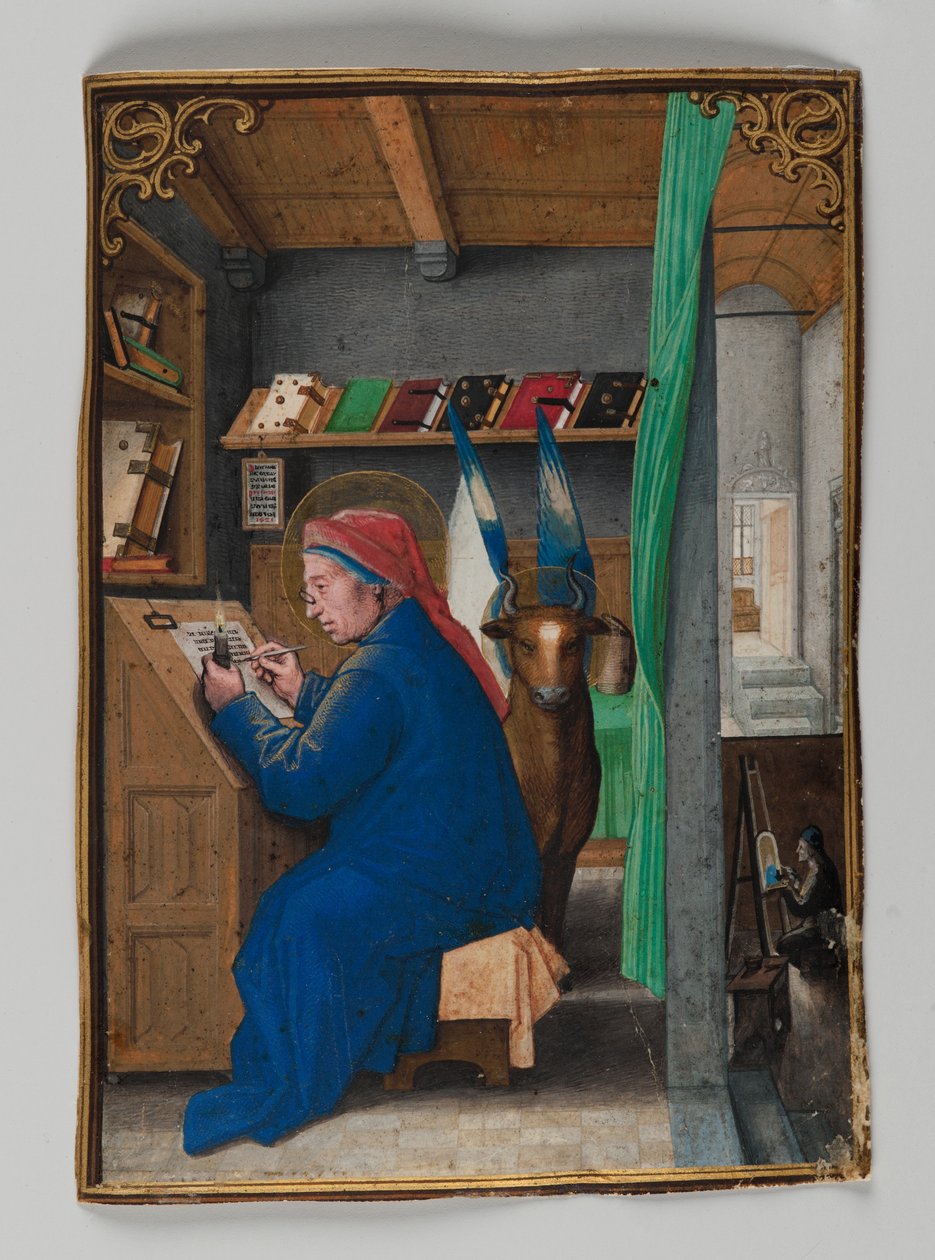 Pyhän Luukkaan kirjoitus kruunussa, 1521 (tempera pergamentille) tekijältä Simon Bening