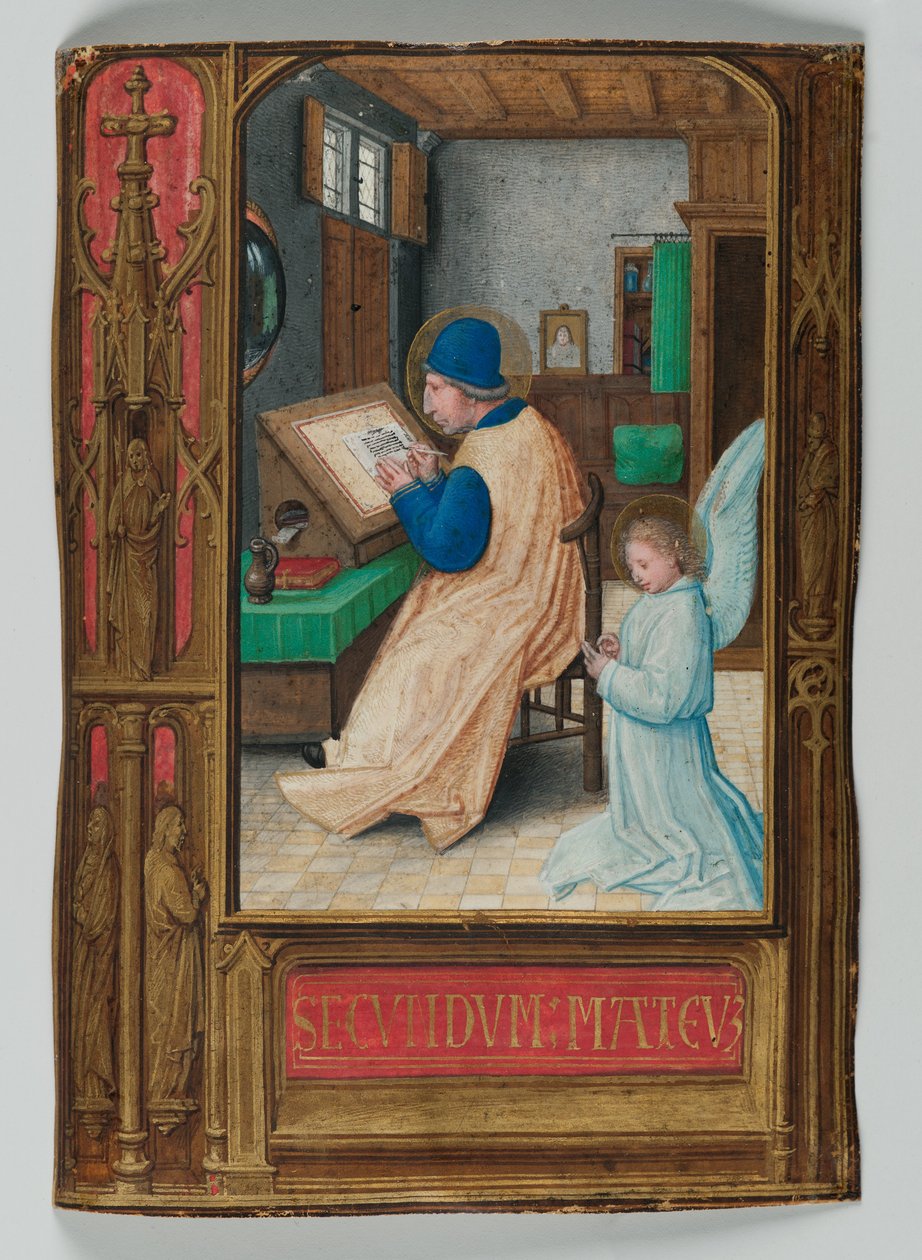 Pyhä Matteus kirjoittaa enkelin kanssa, 1521 (tempera pergamentille) tekijältä Simon Bening