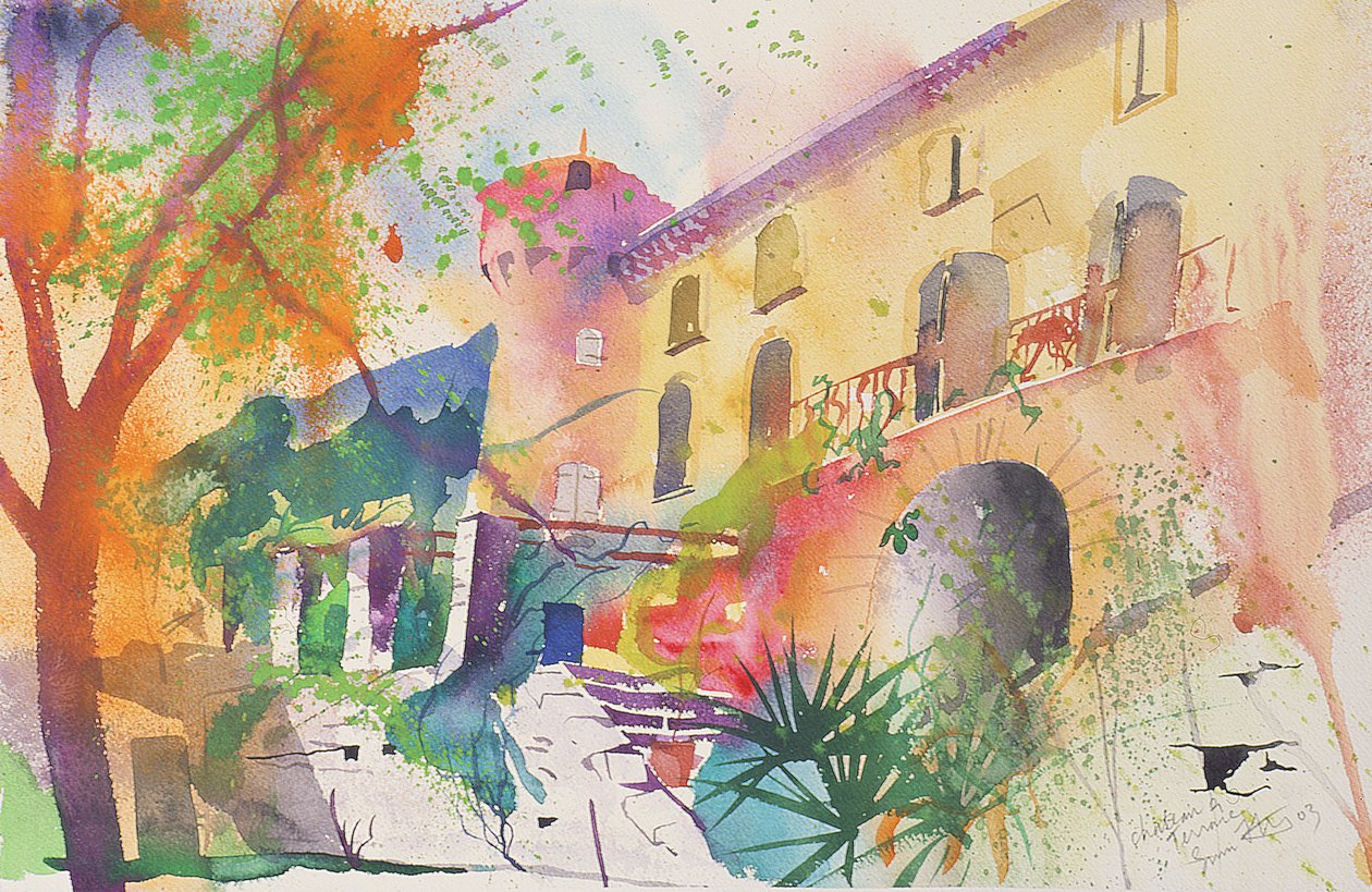 Chateau ja terassi, 2003 (akvarelli paperille) tekijältä Simon Fletcher