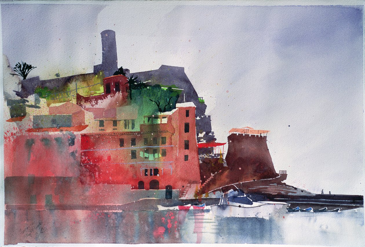 Fernazza, Kahdeksan venettä, 2002 (akvarelli paperille). tekijältä Simon Fletcher