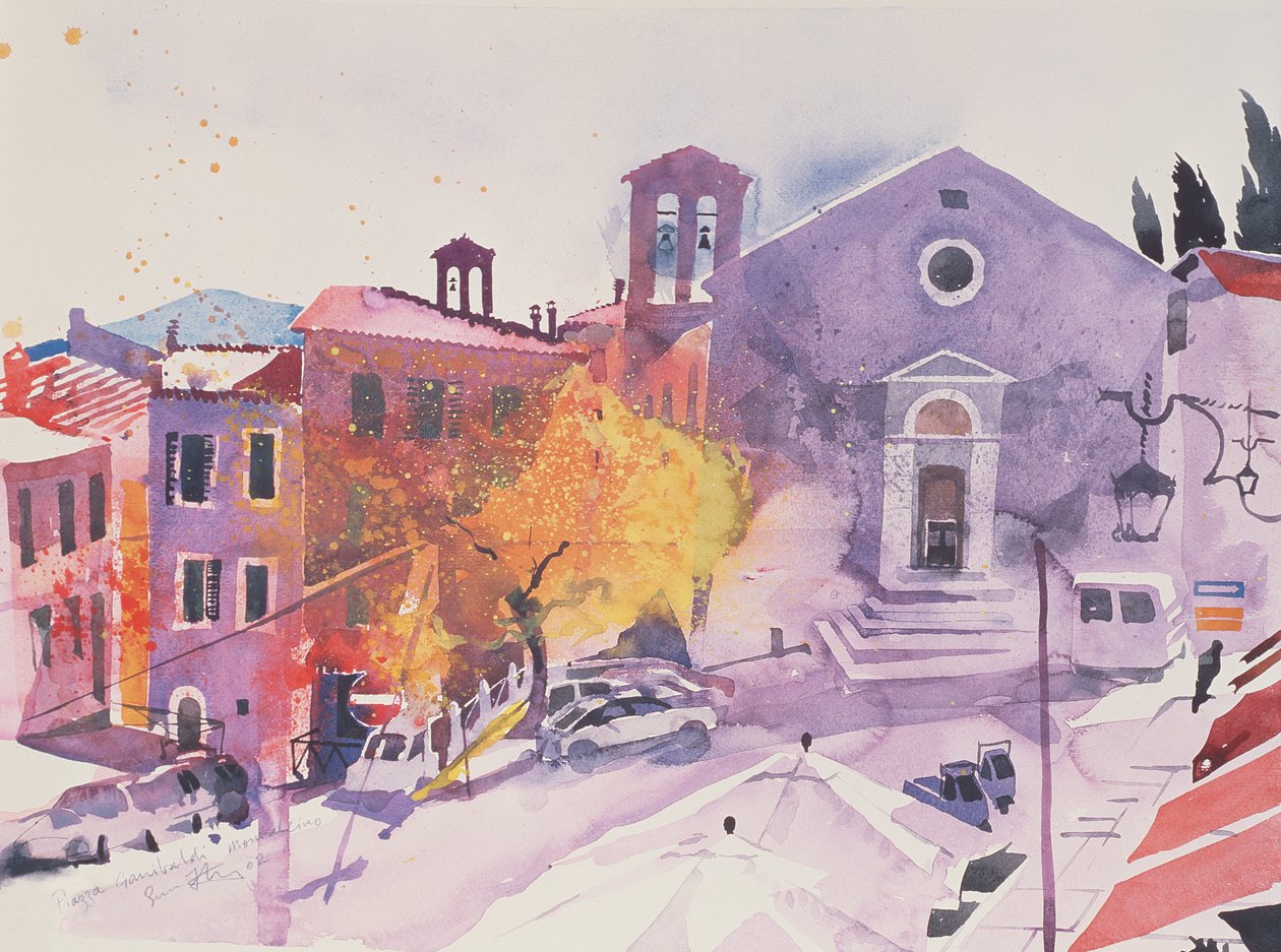 Piazza Garibaldi, Montalcino, 2002 (akvarelli paperille). tekijältä Simon Fletcher