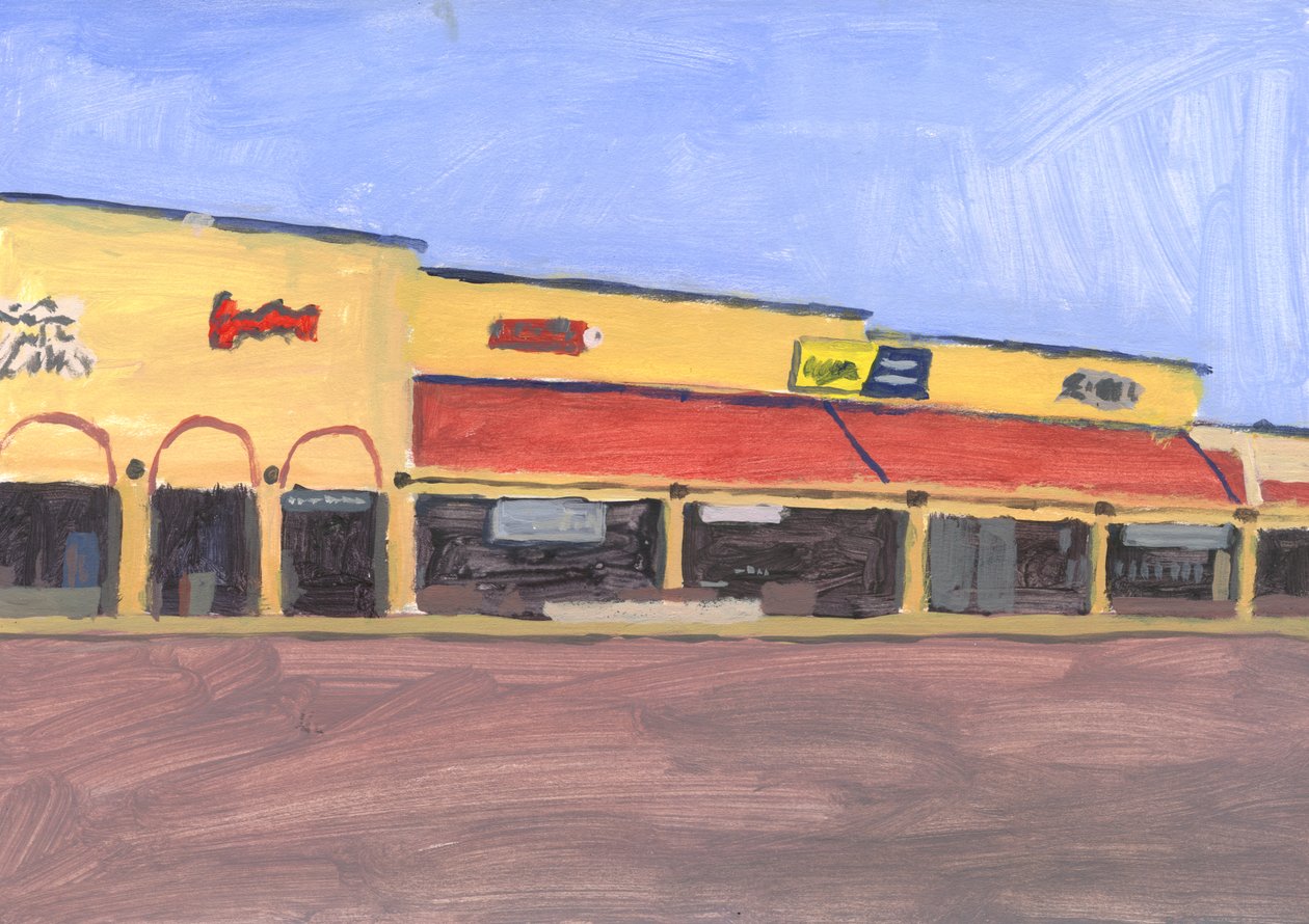Strip Mall 7, 2023 (akryyli paperille) tekijältä Simon Neville