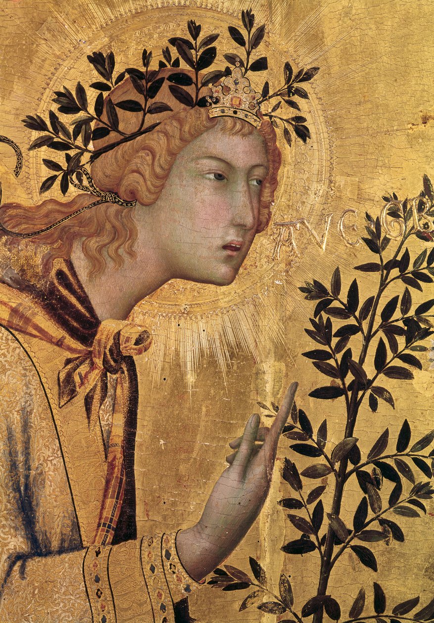 Ilmoitus Pyhän Margaretan ja Pyhän Asanon kanssa, yksityiskohta arkkienkeli Gabrielista, 1333 (tempera paneelissa) (yksityiskohta 50322) tekijältä Simone Martini