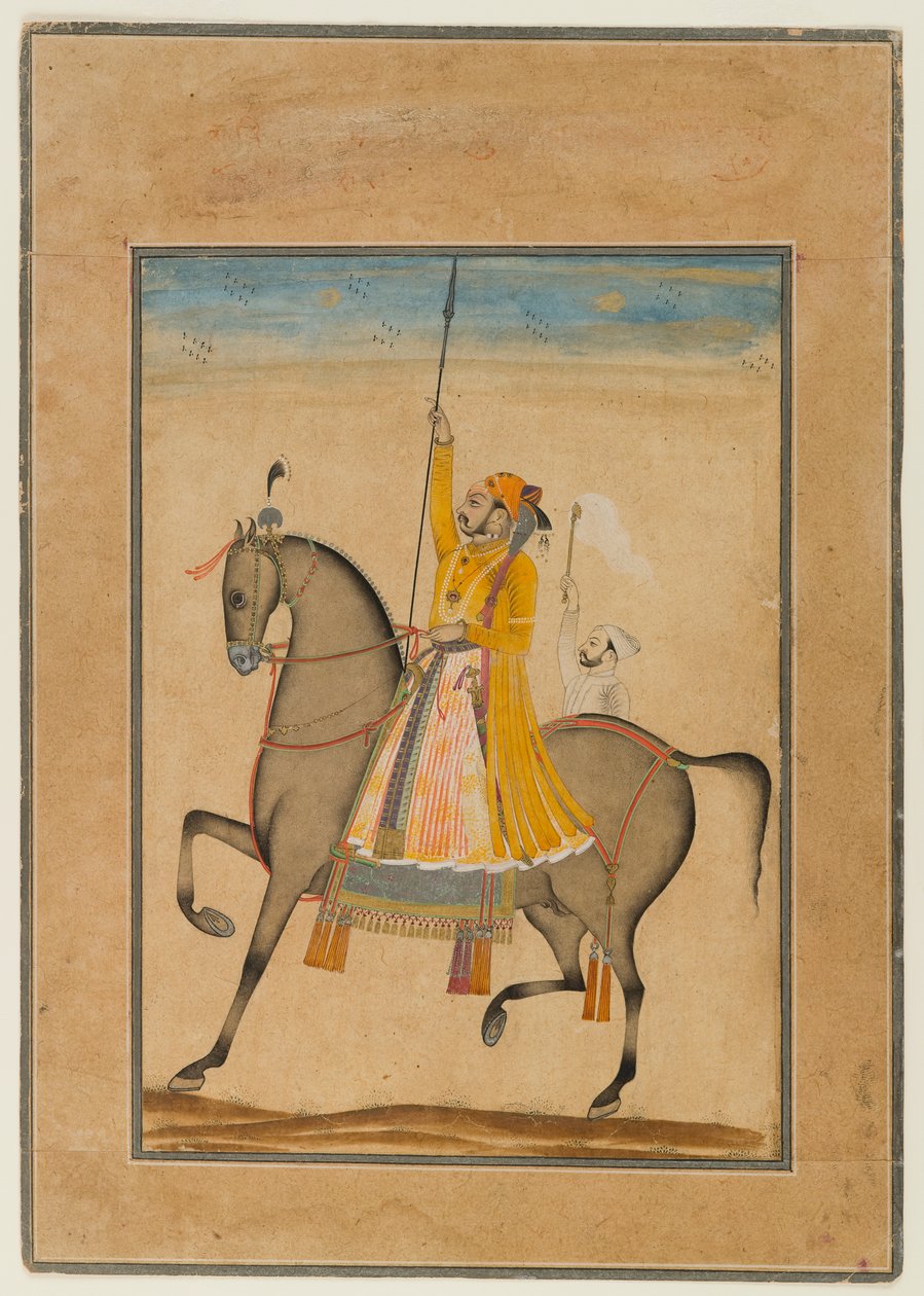 Bikanerin Maharaja Sujan Singhin ratsastusmuotokuva, 1747 (läpinäkymätön wc, hopeaa ja kultaa paperilla) tekijältä Son of Muhammad attr. to Kasam