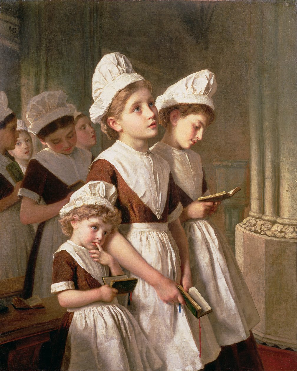 Foundling Girls at Prayer in the Chapel, noin 1877 tekijältä Sophie Gengembre Anderson