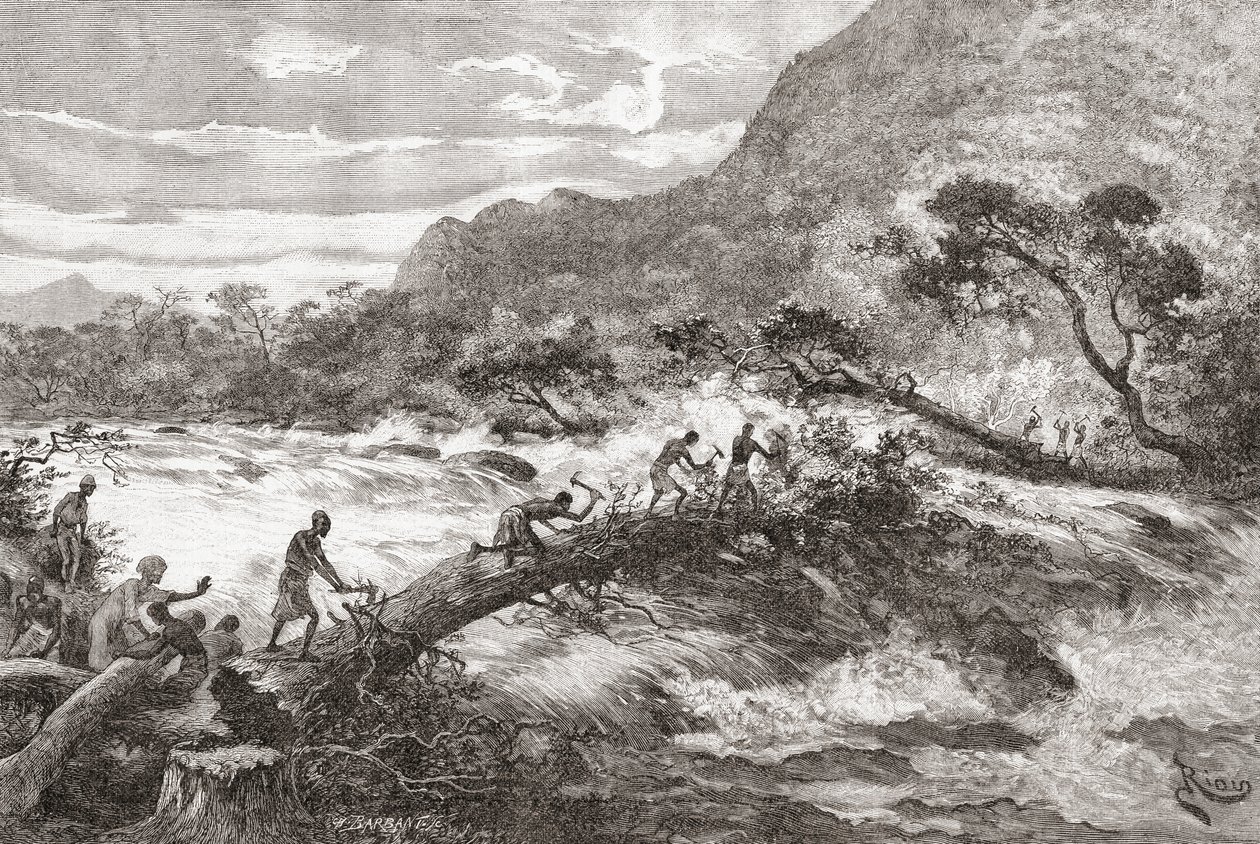 Improvisoitu silta Keski-Afrikassa, "Africa Pintoresca", julkaistu 1888 tekijältä Spanish School