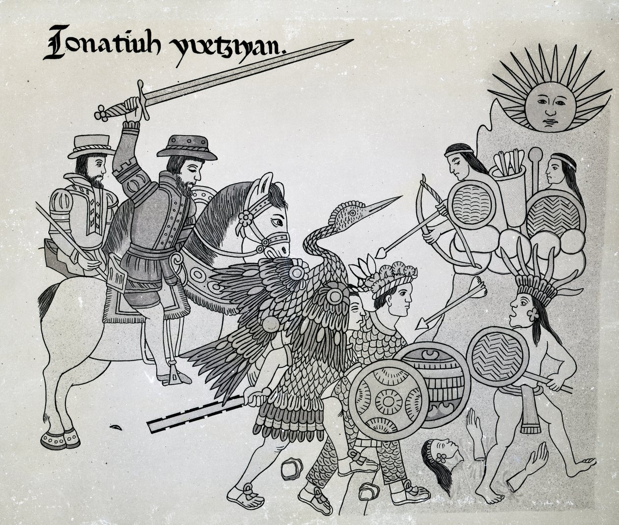 Taistelu espanjalaisten ja atsteekkien välillä, Alfredo Chaveron "Antiguedades Mexicanas" -levy, 1892 tekijältä Spanish School