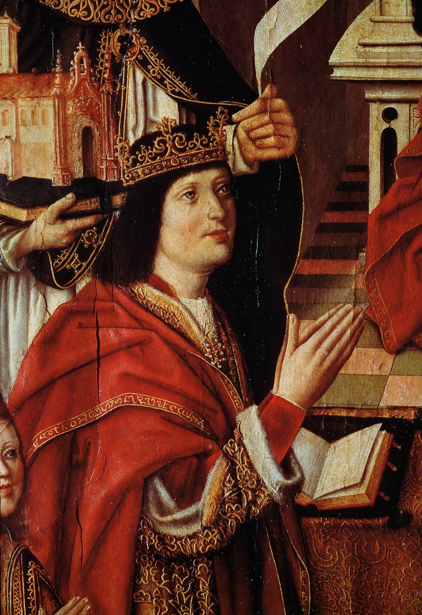 Katolisten kuninkaiden neitsyt, yksityiskohta Espanjan kuningas Ferdinandista (1452-1516) n. 1490 (katso myös 60603) tekijältä Spanish School