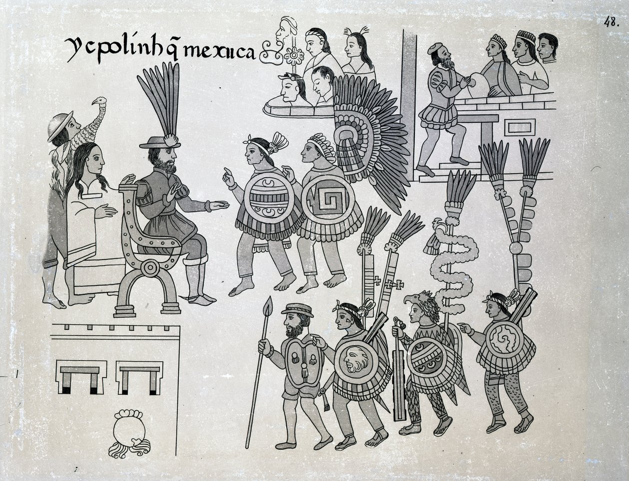 Viimeinen atsteekkien keisari Cuauhtemoc antautuu, Alfredo Chaveron "Antiguedades Mexicanas" -levy, 1892 tekijältä Spanish School