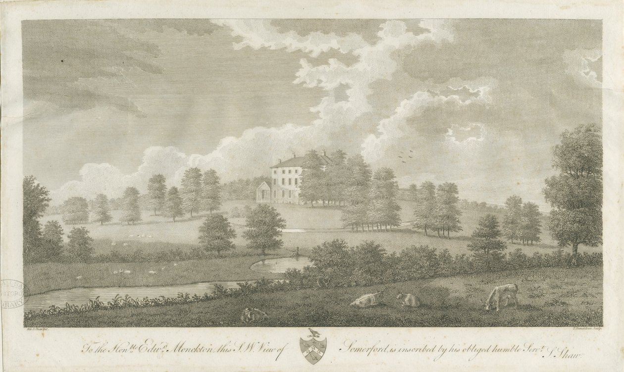 Somerford Hall: kaiverrus, nd [1762-1802] (vedos) (painettu) tekijältä Stebbing Shaw