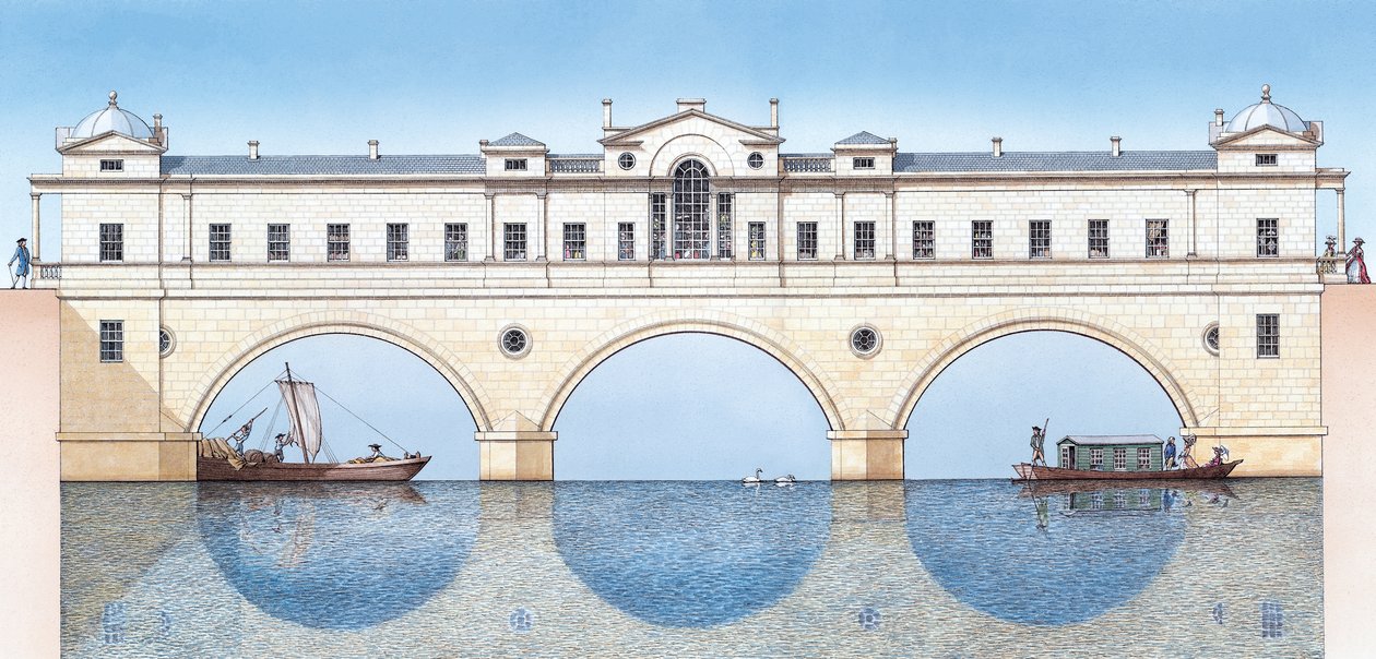 Pulteney Bridge, Bath, noin 1774-1810 (tussi ja akvarelli). tekijältä Stephen Conlin