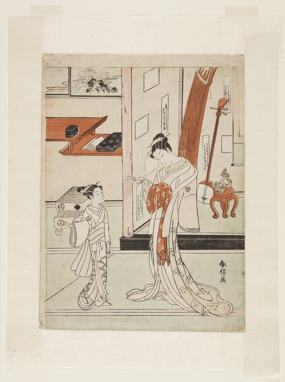 Geisha ja Attendant (värillinen puupalikkaprintti) tekijältä Suzuki Harunobu