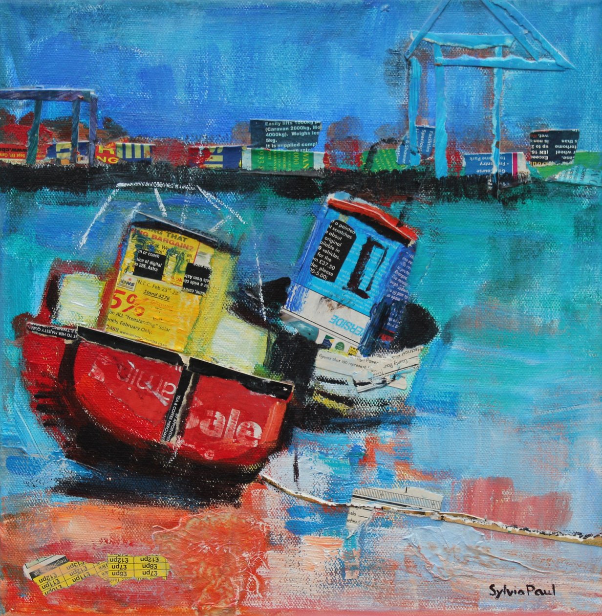 Two Jolly Fishing Boats 2012, akryylipaperikollaasi tekijältä Sylvia Paul