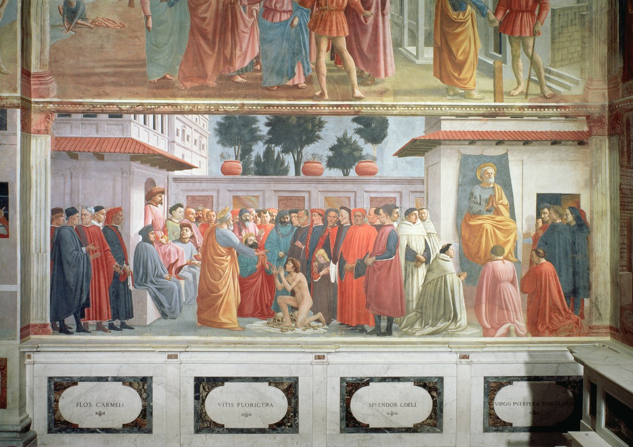 Antiokian kuninkaan Theofiluksen pojan ja Antiokian ensimmäisenä piispana istuvan Pyhän Pietarin herättäminen, n. 1427 ja n. 1480 tekijältä Tommaso Masaccio