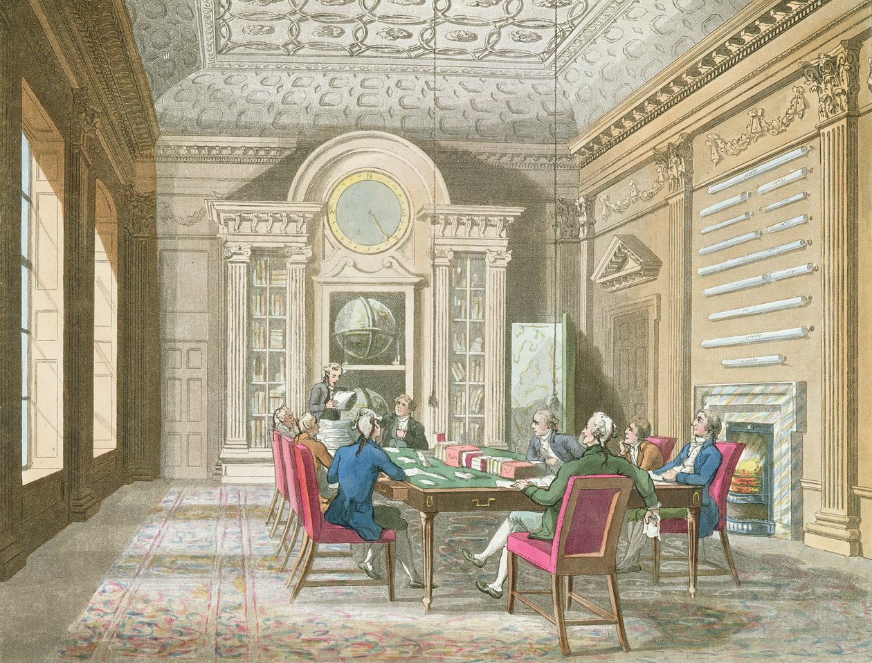 Admiralityn kokoushuone, 1808 (värikaiverrus) tekijältä Pugin and Rowlandson