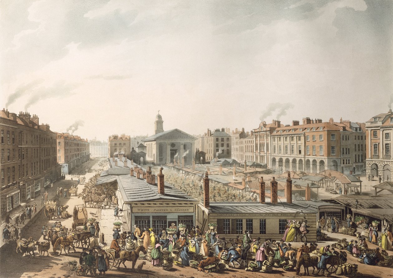Covent Garden Market, lintuperspektiivistä Ackermannin Lontoon mikrokosmosta, 1811 (tulostus) tekijältä Pugin and Rowlandson