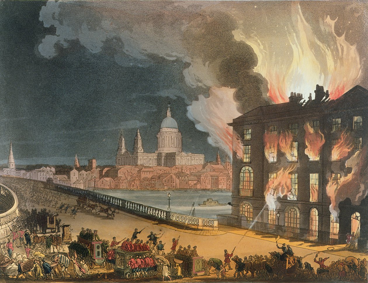 Fire in London, from the Microcosm of London, tai London in Miniature, Vol. II, Rudolph Ackerman, kaiverrus J. Bluch tekijältä Pugin and Rowlandson