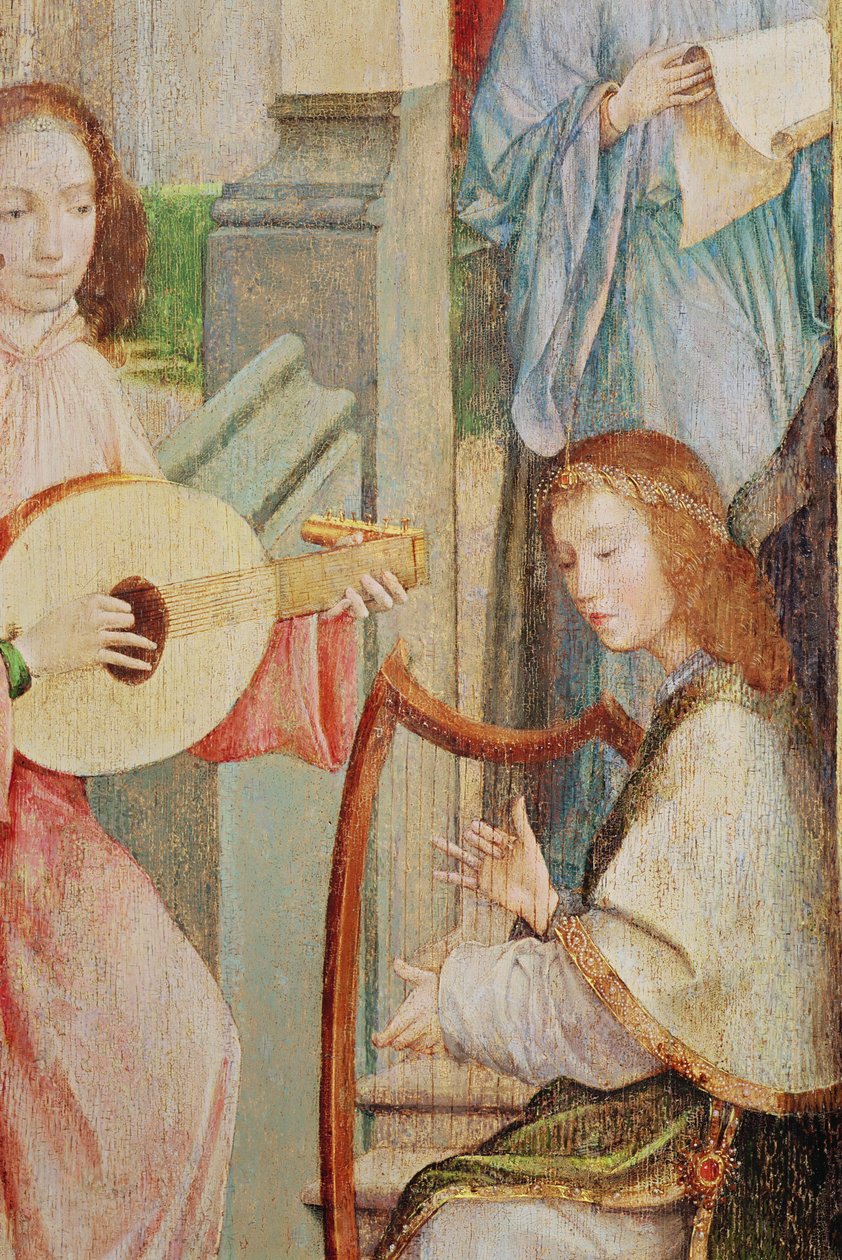 Annunciation, yksityiskohta kahdesta enkelistä, joka soittaa instrumentteja (katso myös 65889) tekijältä Taborda Vlame Frey, Carlos