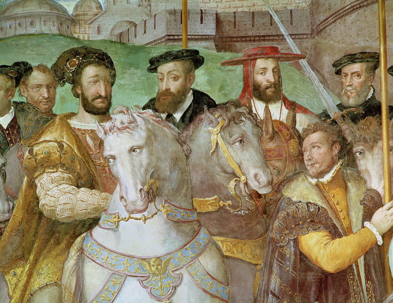 Yksityiskohta keisari Kaarle V:n (1500-58), Francis I:n (1494-1547) ja Alessandro Farnesen (1546-92) juhlallisesta sisäänkäynnistä Pariisiin vuonna 1540, Sala dei Fasti Farnesesta, 1557-66 (yksityiskohta tekijältä Federico Zuccaro