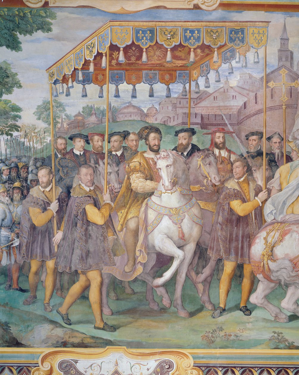 Keisari Kaarle V:n, Francis I:n ja Alessandro Farnesen juhlallinen sisäänkäynti Pariisiin vuonna 1540, "Sala dei Fasti Farnesesta", 1557-66 tekijältä Federico Zuccaro