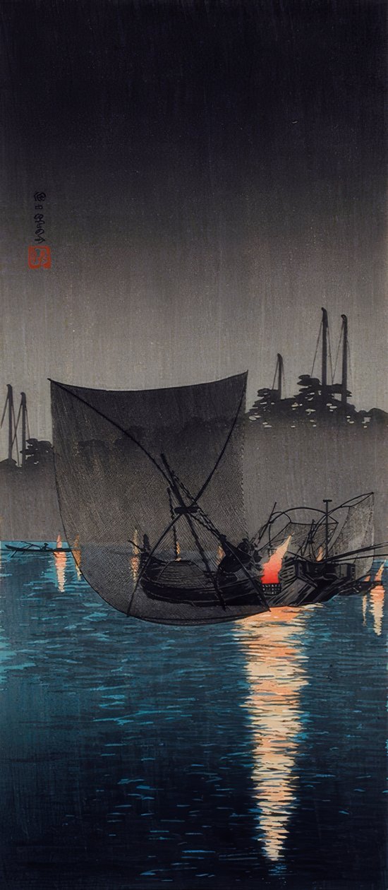 Tsukudan saari, kalastusverkot yöllä tekijältä Takahashi Hiroaki