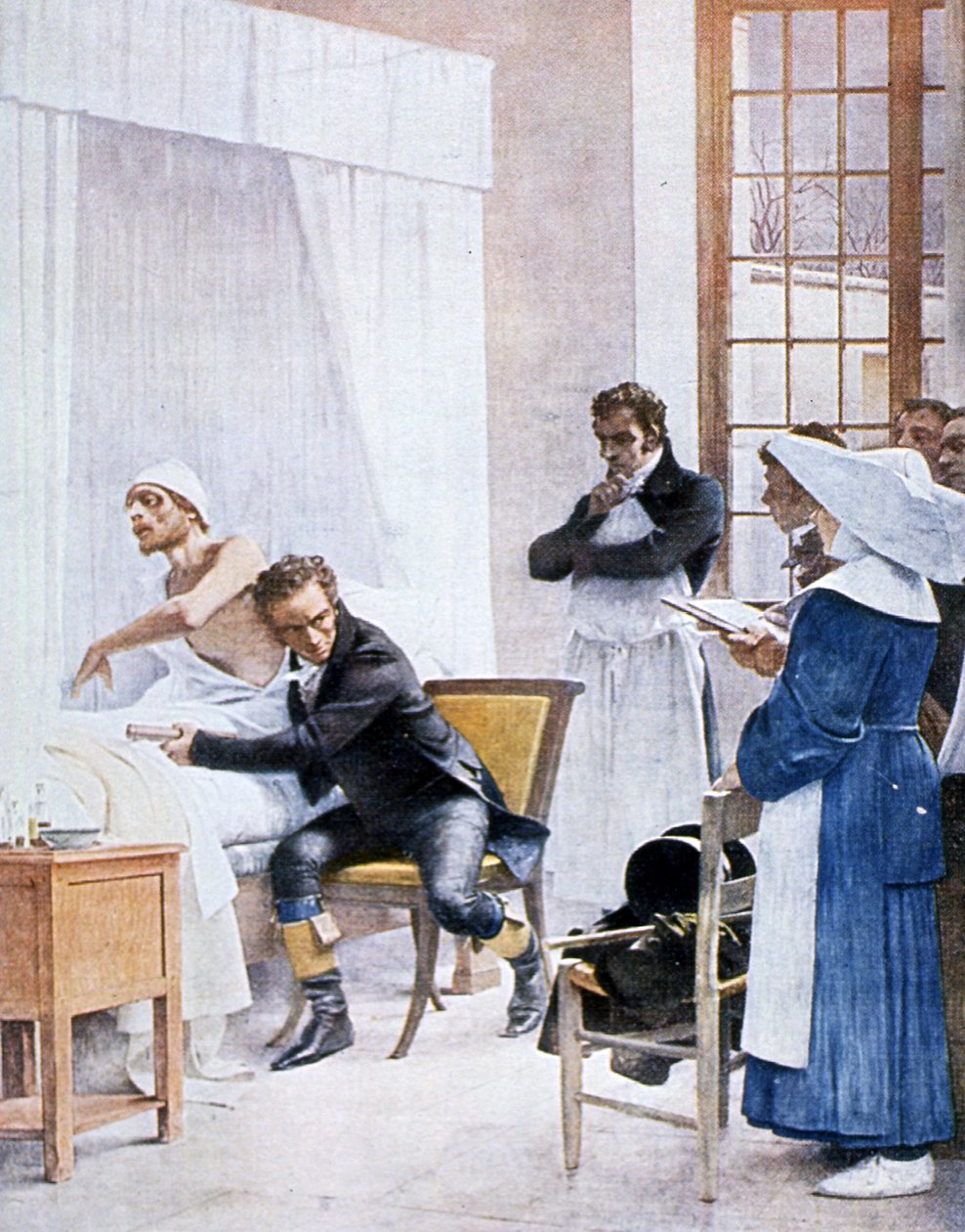 Rene Laënnec (1781-1826) kuuntelemassa kuluneen miehen rintaa Neckerin sairaalassa, 1816 tekijältä Theobald Chartran