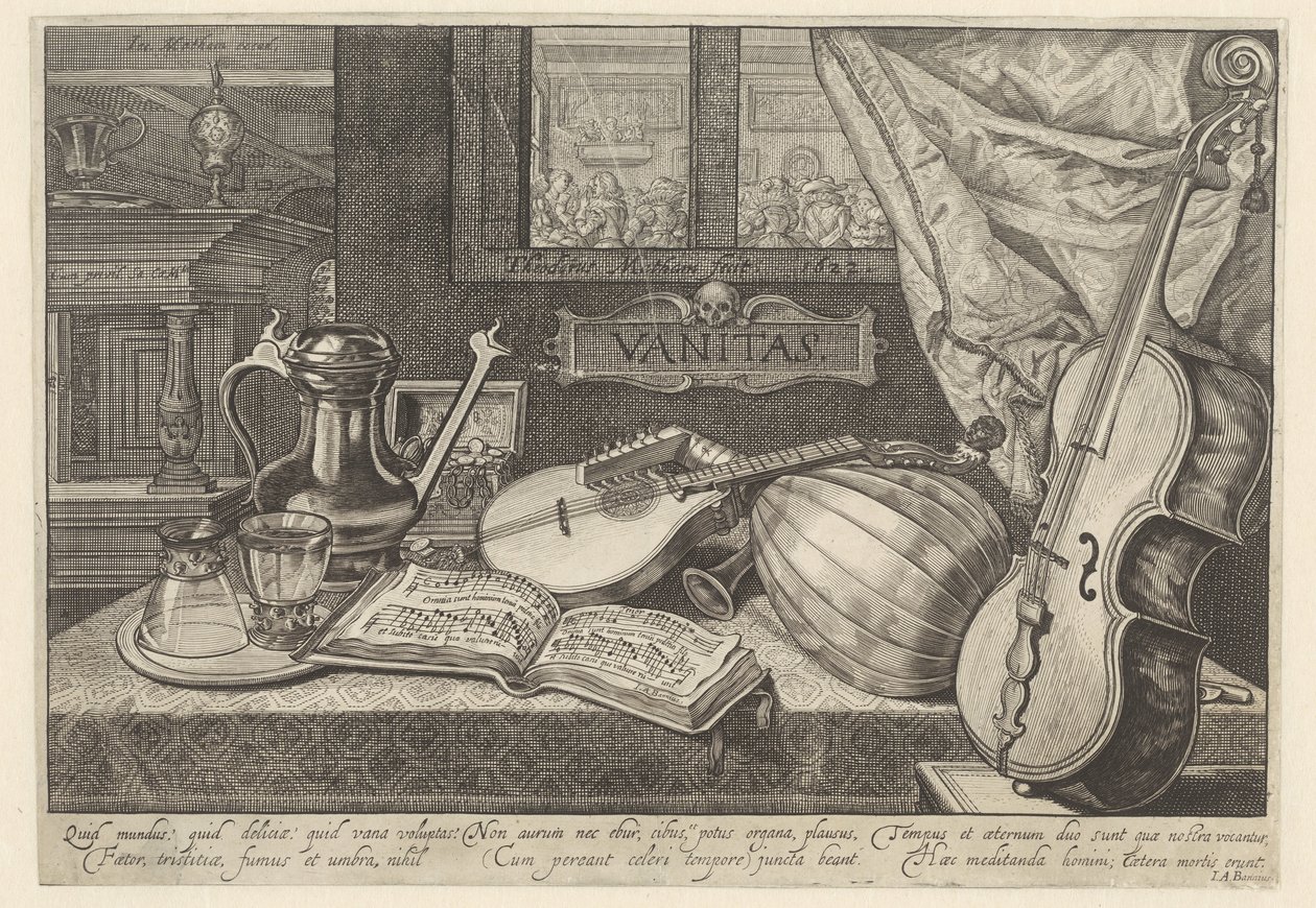 Vanitas asetelma soittimien kanssa tekijältä Theodor Matham