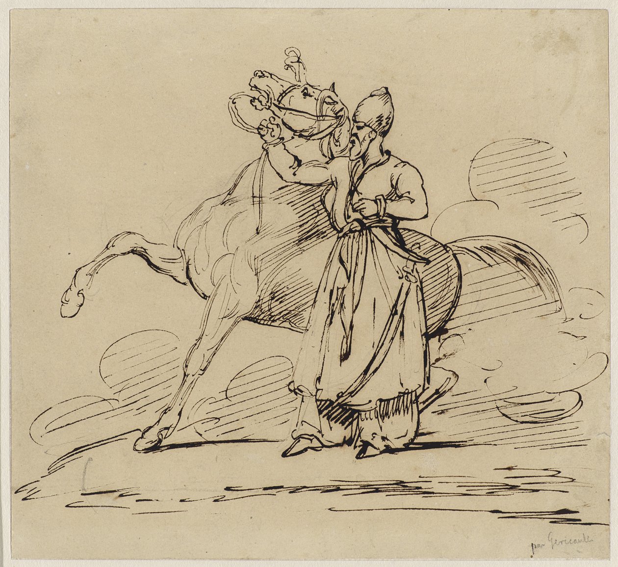 Persan tenant un cheval (Persian Holding a Horse), n. 1817-22 (kynä ja ruskea muste, jossa grafiitin jälkiä kudospaperilla) tekijältä Theodore Gericault