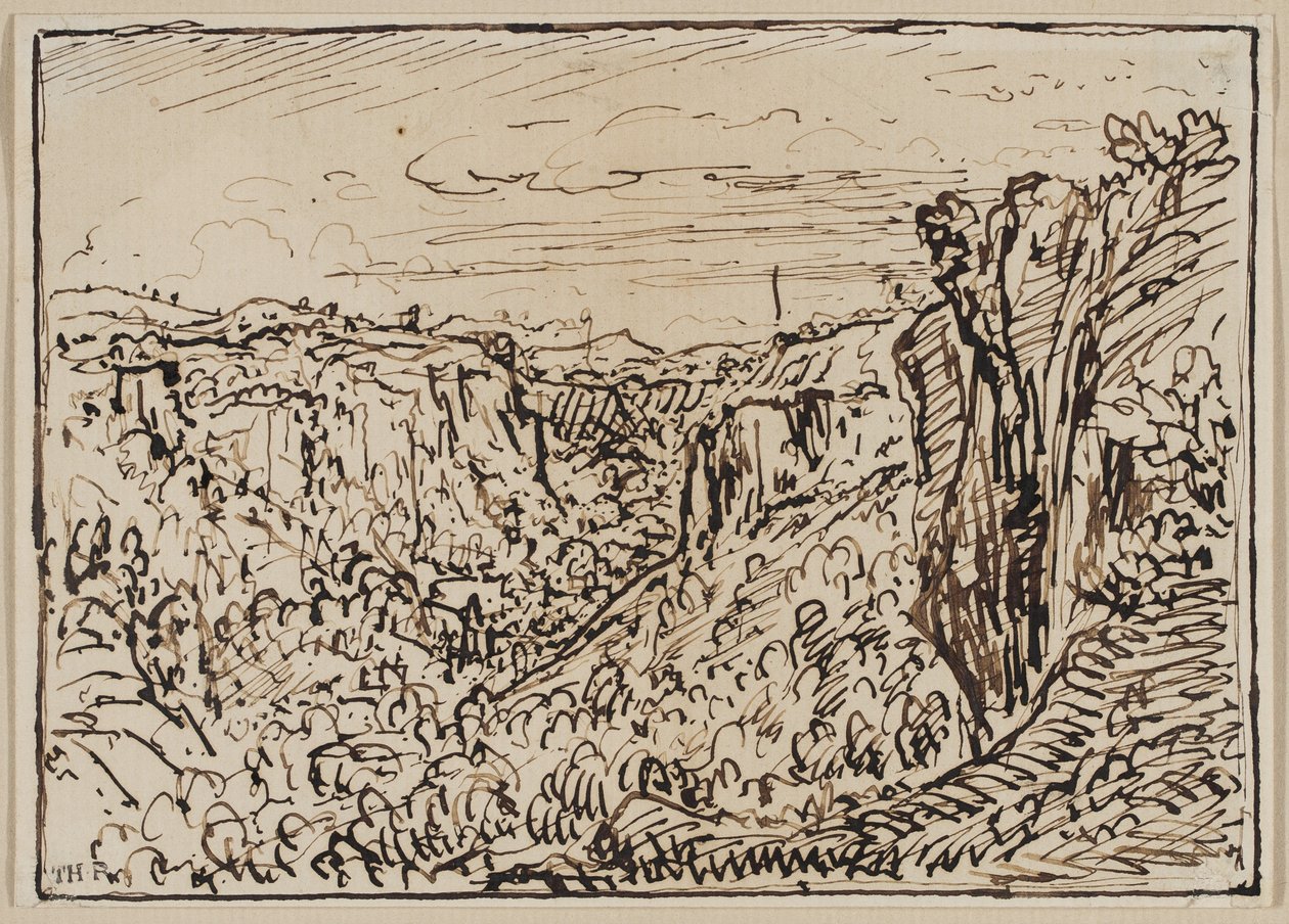 Mäkinen maisema (The Lizon River Gorge), n. 1861–63 (muste paperille) tekijältä Theodore Roussel